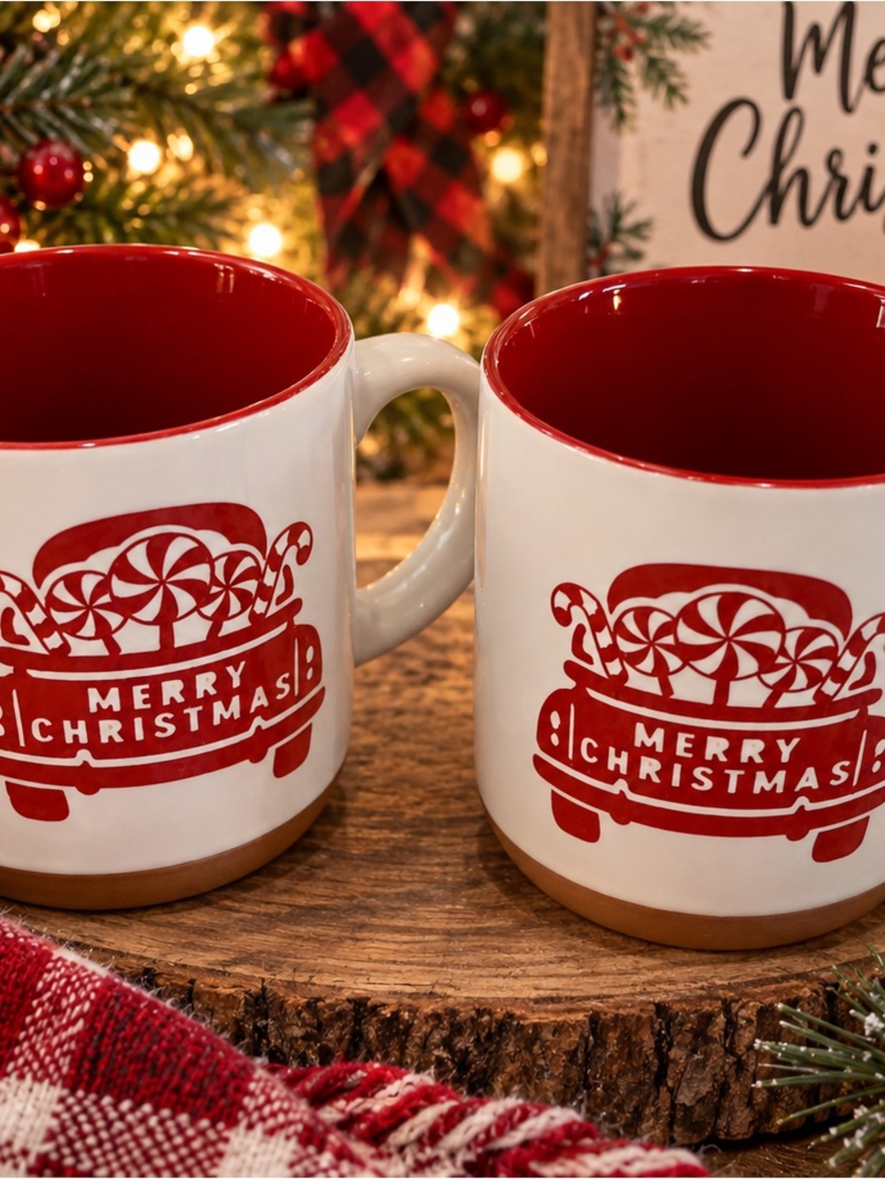 Festive Merry Christmas Ceramic Mug - Red and White Holiday Design Set of Two